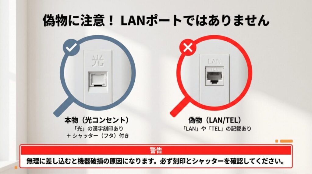 「光」の漢字刻印とシャッターがある本物の光コンセントと、「LAN」や「TEL」と記載された偽物のポートを見分けるための比較図。