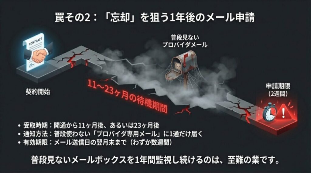 契約開始から11〜23ヶ月という長い待機期間を経て、普段使わないプロバイダメールに届く申請手続きを見逃すリスクを説明したタイムライン。