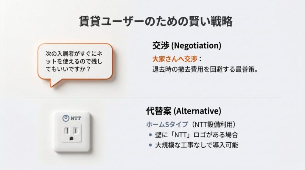 大家さんに設備残置を交渉するメリットと、NTT設備がある場合に大規模工事なしで導入できる「ホームSタイプ」を紹介するスライド。