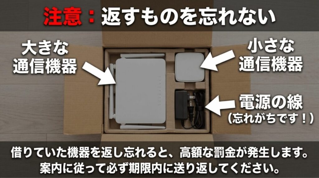 auひかり解約後に返却が必要なホームゲートウェイ、ONU、ACアダプターなどの通信機器を示すスライド