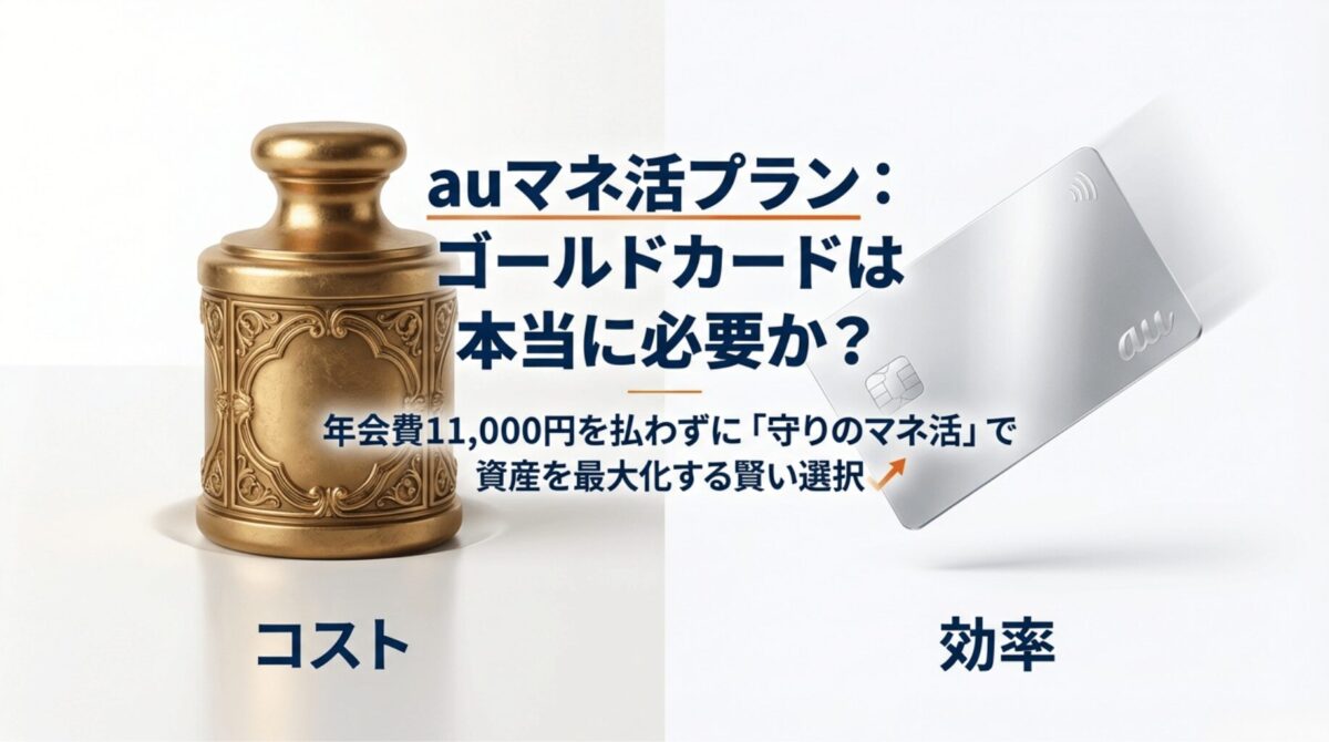 auマネ活プランにおけるゴールドカードの必要性を問う導入スライド。年会費11,000円を払わない「守りのマネ活」という選択肢を提示しています 。