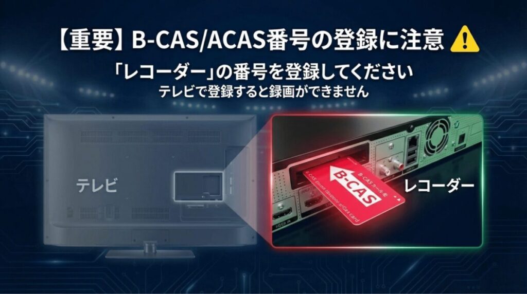 録画したい場合はテレビではなく必ず「レコーダー」のB-CAS/ACAS番号を登録するよう注意喚起する図解。