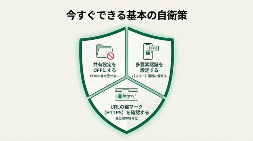 共有設定のオフ、多要素認証の設定、URLの鍵マーク(HTTPS)確認の3つのポイントを示した盾のアイコン図。