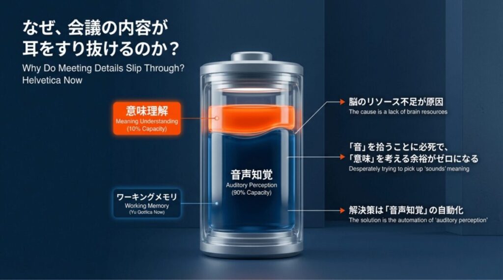 脳のリソース(ワーキングメモリ)において音声知覚が90%を占め、意味理解に10%しか割けていない状態を示す図解スライド。