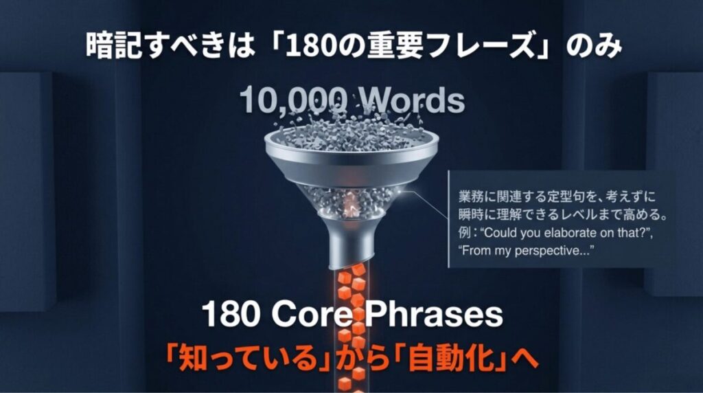 1万語の暗記ではなく、業務に関連する180の重要フレーズを瞬時に理解できるレベルまで高める「自動化」の概念図。
