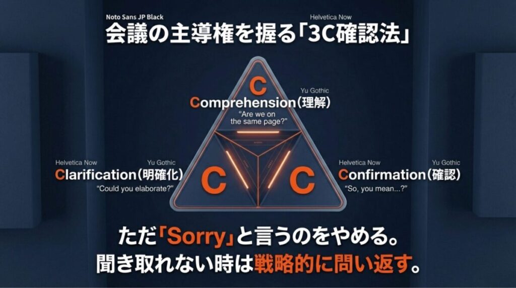 理解(Comprehension)、明確化(Clarification)、確認(Confirmation)の3つのCを用いて戦略的に問い返すフレーズ集のスライド。