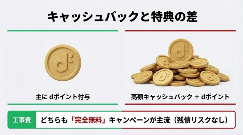 ahamo光のdポイント付与と、ドコモ光の高額キャッシュバック＋dポイント特典の比較。