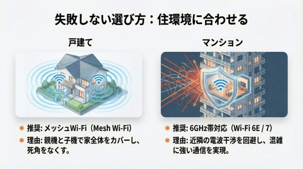 戸建てにはメッシュWi-Fi、マンションには混信に強い6GHz帯対応モデルを推奨