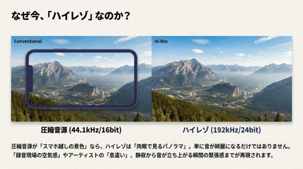 圧縮音源をスマホ越しの狭い景色、ハイレゾ音源を肉眼で見る広大なパノラマ景色に例えた比較図。