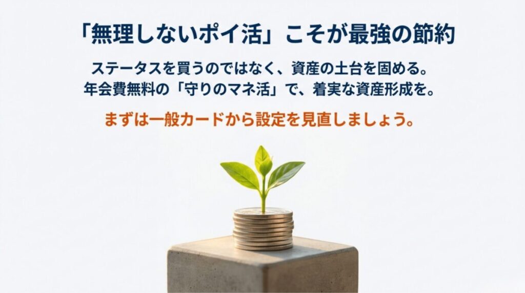 ステータスではなく資産の土台を固める、年会費無料の「守りのマネ活」を推奨する結びのスライド 。