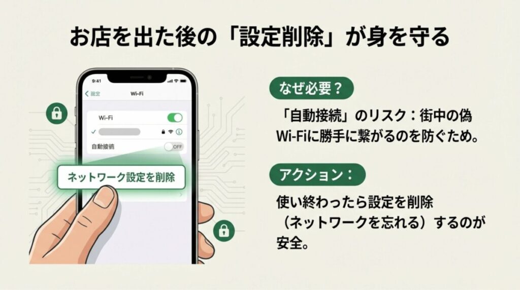 iPhoneのWi-Fi設定画面で「自動接続」をオフにし、「このネットワーク設定を削除」する操作の重要性を示す図解。