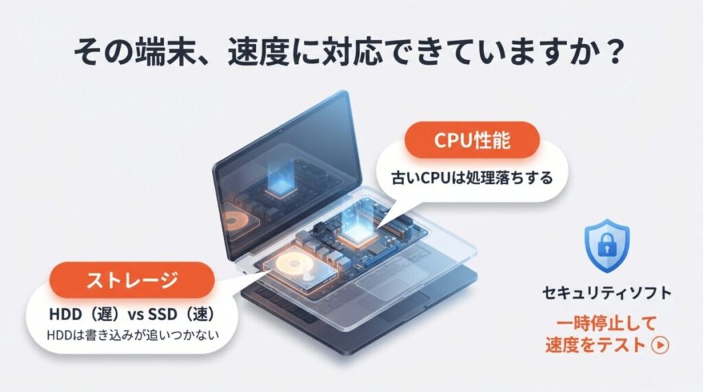 デバイス側の速度低下要因。HDDとSSDの書き込み速度の差、古いCPUの処理落ち、セキュリティソフトによる速度低下の確認。