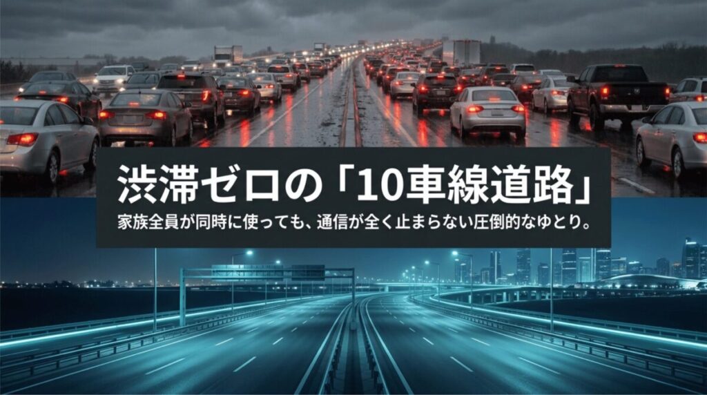 1ギガと10ギガの帯域差を道路の車線数で表現した比較イメージ