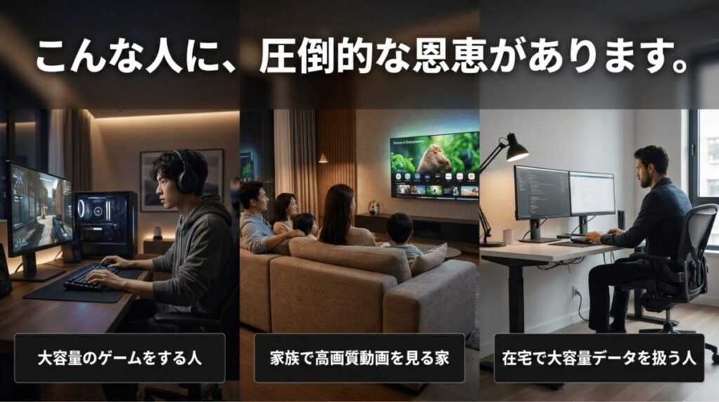 オンラインゲーム、高画質動画視聴、在宅で大容量データを扱う人がドコモ光10ギガの恩恵を受ける場面