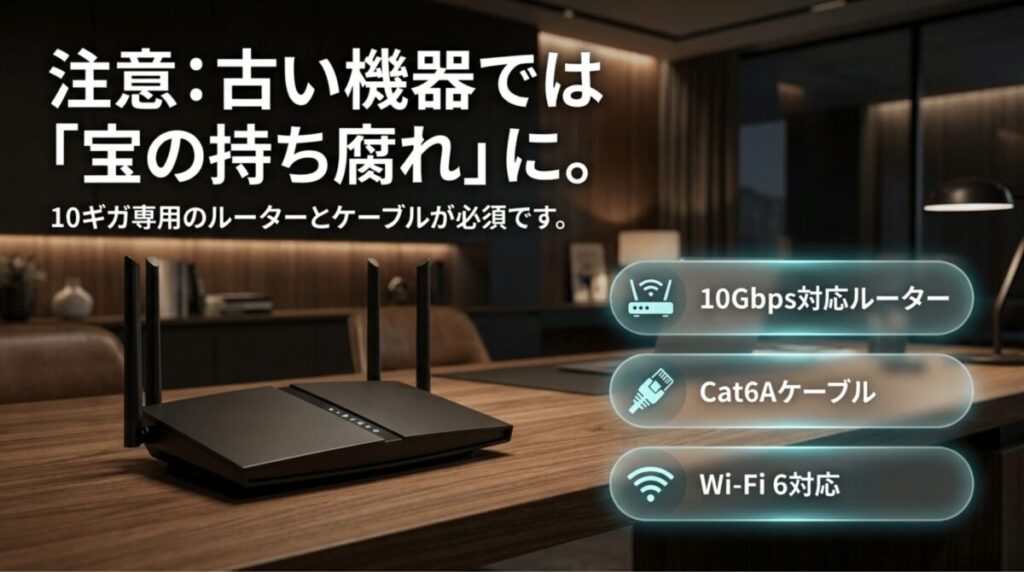 ドコモ光10ギガに必要な10Gbps対応ルーター、Cat6Aケーブル、Wi-Fi6対応機器のイメージ