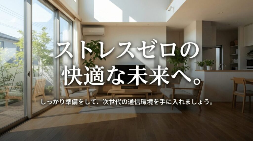 明るいリビングを背景にストレスゼロの快適な未来へと訴求するドコモ光10ギガのまとめ画像