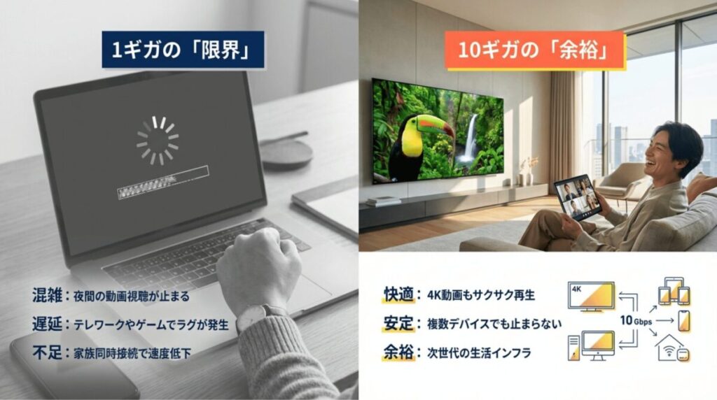 1ギガの限界と10ギガの余裕を比較した図。10ギガでは4K動画の再生や複数デバイスの同時接続も止まらず、快適な次世代インフラであることを示している。