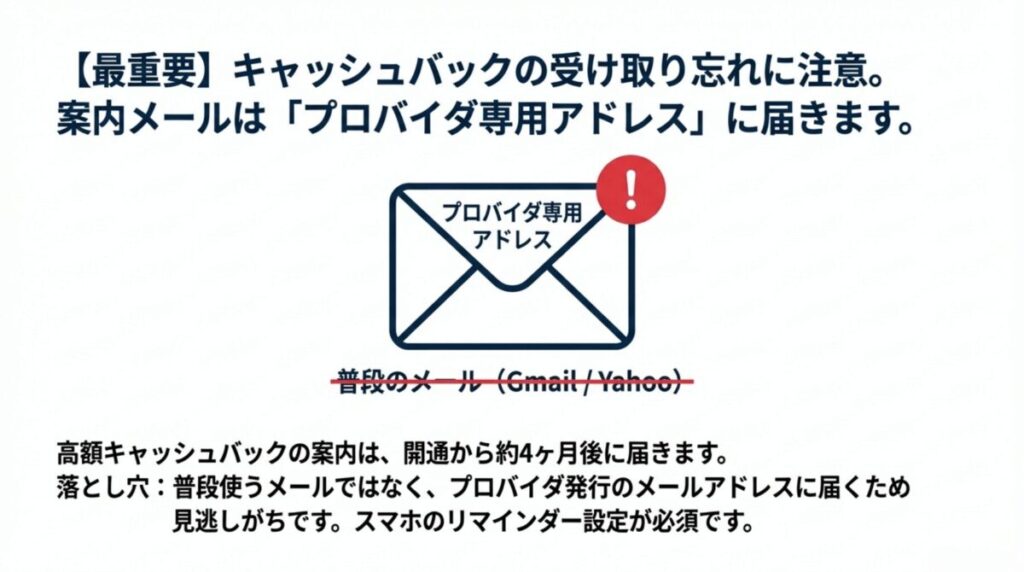 普段のメール（Gmail/Yahoo）ではなく、プロバイダ専用アドレスにキャッシュバック案内が届くため、見逃しに注意が必要であることを示す警告アイコン付きの図解。