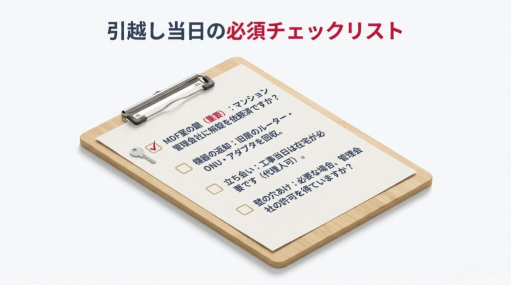 マンションMDF室の解錠、旧居機器の回収、立ち会いの必要性、壁の穴あけ許可など、工事当日に確認すべき重要ポイントのまとめ。