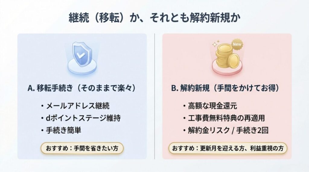 移転手続き(楽・dポイント維持)と解約新規(高額還元・工事費無料)の比較表。更新月を迎える方は解約新規がおすすめとの記載。