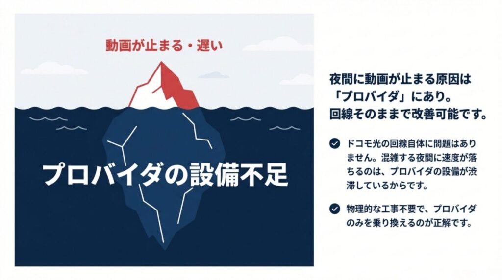 氷山のイラスト。海上の「動画が止まる・遅い」という現象の下には、海中に「プロバイダの設備不足」という根本原因が隠れていることを示す図解。