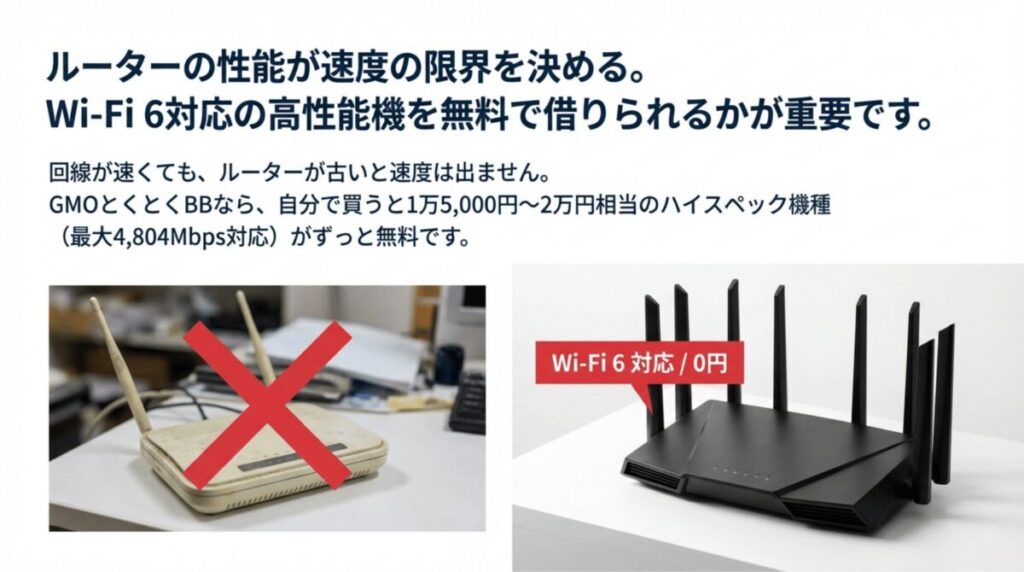 古いルーターには×印、最新の多アンテナ高性能ルーター（Wi-Fi 6対応/0円）にはチェックマークを付け、デバイスの性能が速度の限界を決めることを説明する画像。
