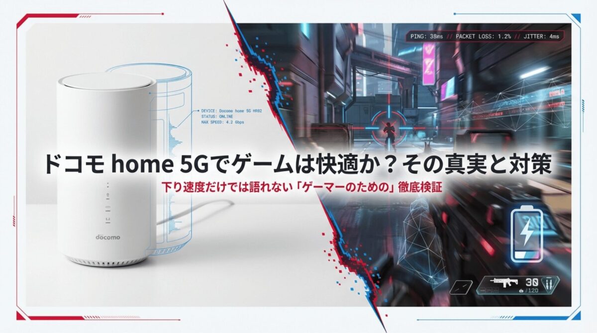 ドコモ home 5G HR02の通信速度実測値（下り4.2Gbps、Ping 38ms）と検証テーマの紹介スライド