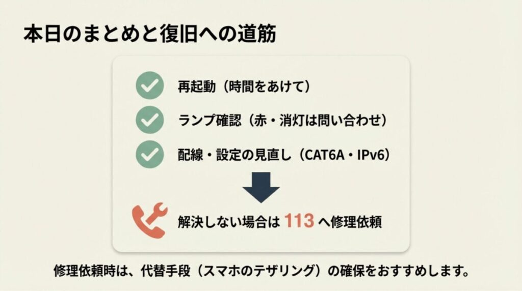 再起動、ランプ確認、設定見直し、修理依頼という復旧までの道筋をまとめたスライド。