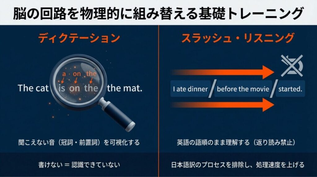 ディクテーションによる音の可視化と、スラッシュ・リスニングによる語順通りの理解(返り読み禁止)を説明するトレーニング方法のスライド。