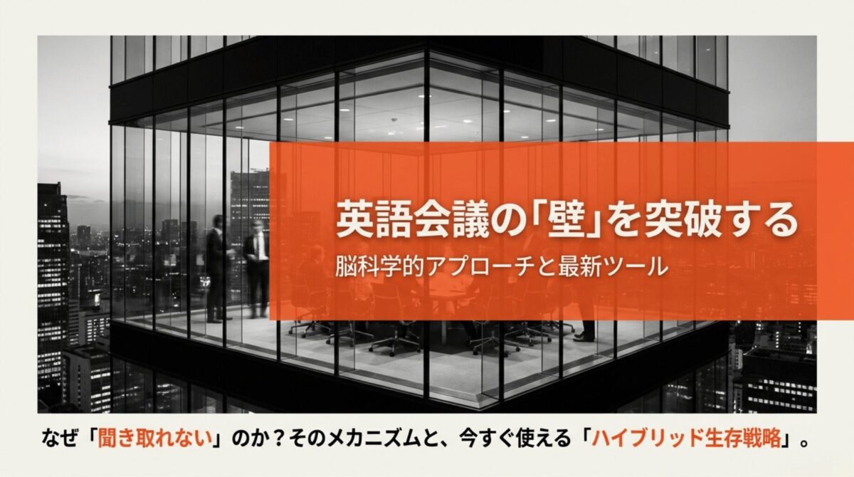 英語会議の「聞き取れない」を科学的に解決する、脳の仕組みから最新AI活用までを解説するタイトルのスライド画像。