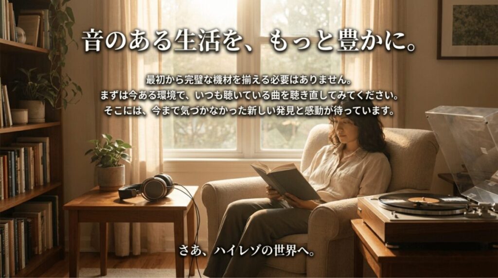 「音のある生活を、もっと豊かに。さあ、ハイレゾの世界へ。」というメッセージが書かれた結びのスライド。