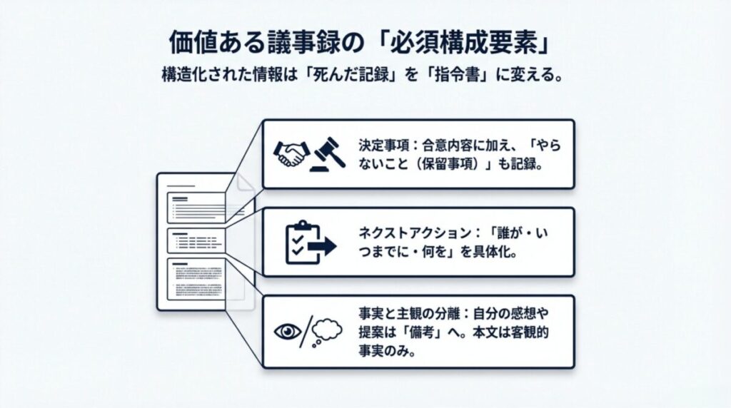 決定事項、ネクストアクション、事実と主観の分離という、議事録を指令書に変えるための3つの構造化要素の解説。