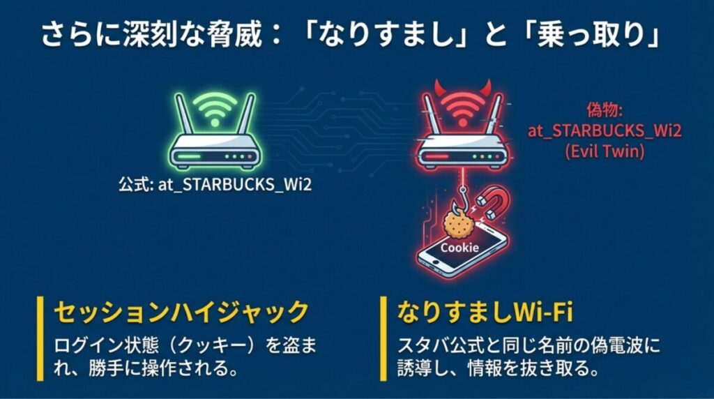 公式と同じ名前の偽Wi-Fi(なりすまし)に誘導され、Cookieなどのログイン情報を盗まれるセッションハイジャックの図解。