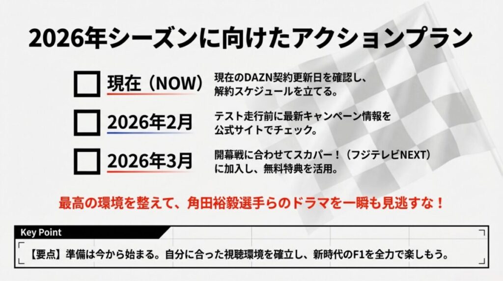 DAZNの解約確認から、2月のキャンペーンチェック、3月のスカパー！加入まで、新シーズンに向けた具体的なアクションプラン。