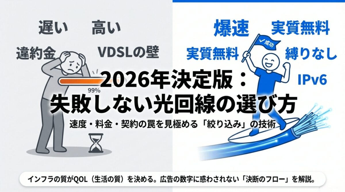 2026年の光回線選びで失敗しないための、速度・料金・契約の罠を見極めるポイントをまとめた表紙画像。