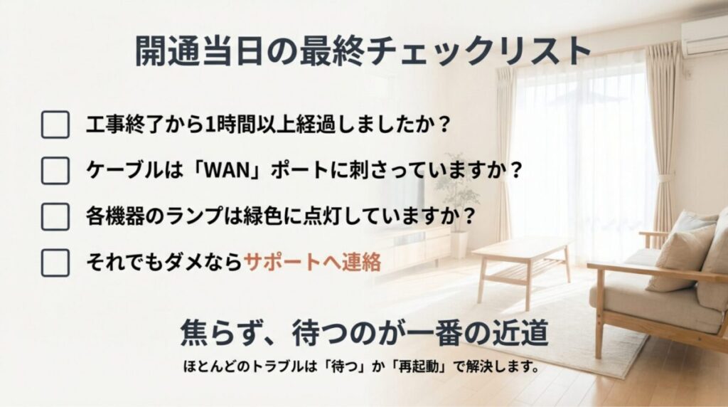 工事終了からの経過時間、ポートの接続、ランプ状態など、ネットが繋がらない時に確認すべき最終ポイント。