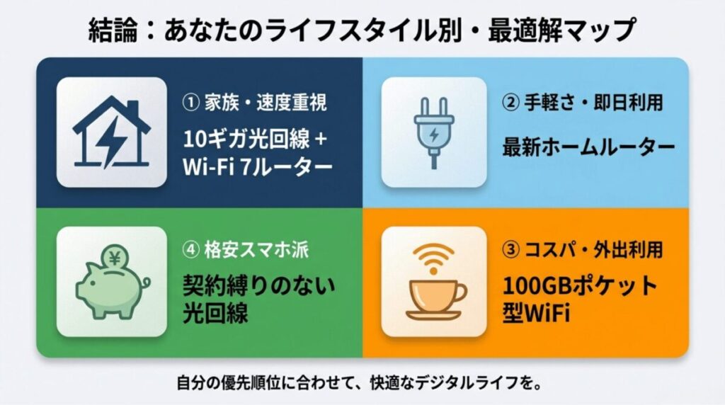 家族・速度重視なら10ギガ光、手軽さ重視ならホームルーターなど、4つのライフスタイルに合わせた回線の正解まとめ。