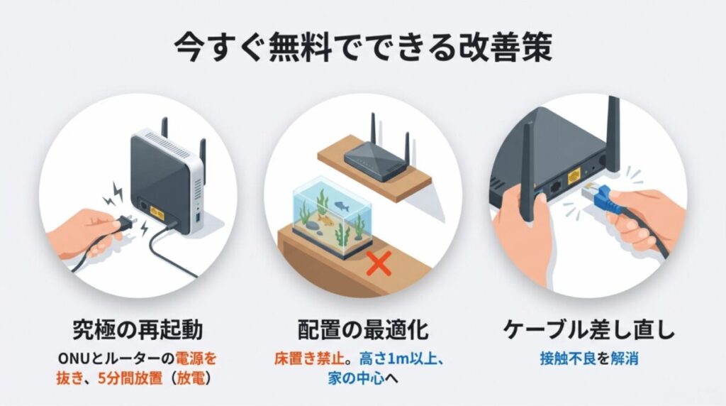 ルーターとONUの電源を抜く「究極の再起動」、床置き禁止などの配置最適化、ケーブルの差し直しなど、無料でできる対策。