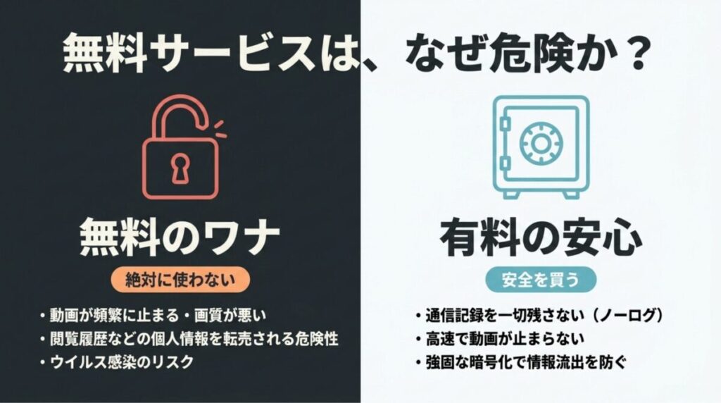 無料VPNの情報転売やウイルス感染リスクと、有料VPNのノーログポリシー・高速通信の比較