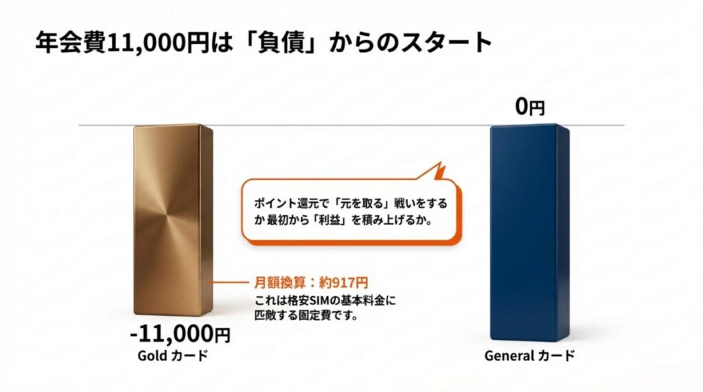 ゴールドカードの年会費11,000円を月換算すると約917円となり、格安SIMの基本料金に匹敵する固定費（負債）からスタートすることを解説する比較図