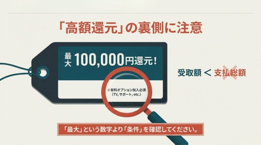 10万円還元と謳っていても有料オプション加入が必須な場合、受取額より支払総額が大きくなるリスクを警告する図解。