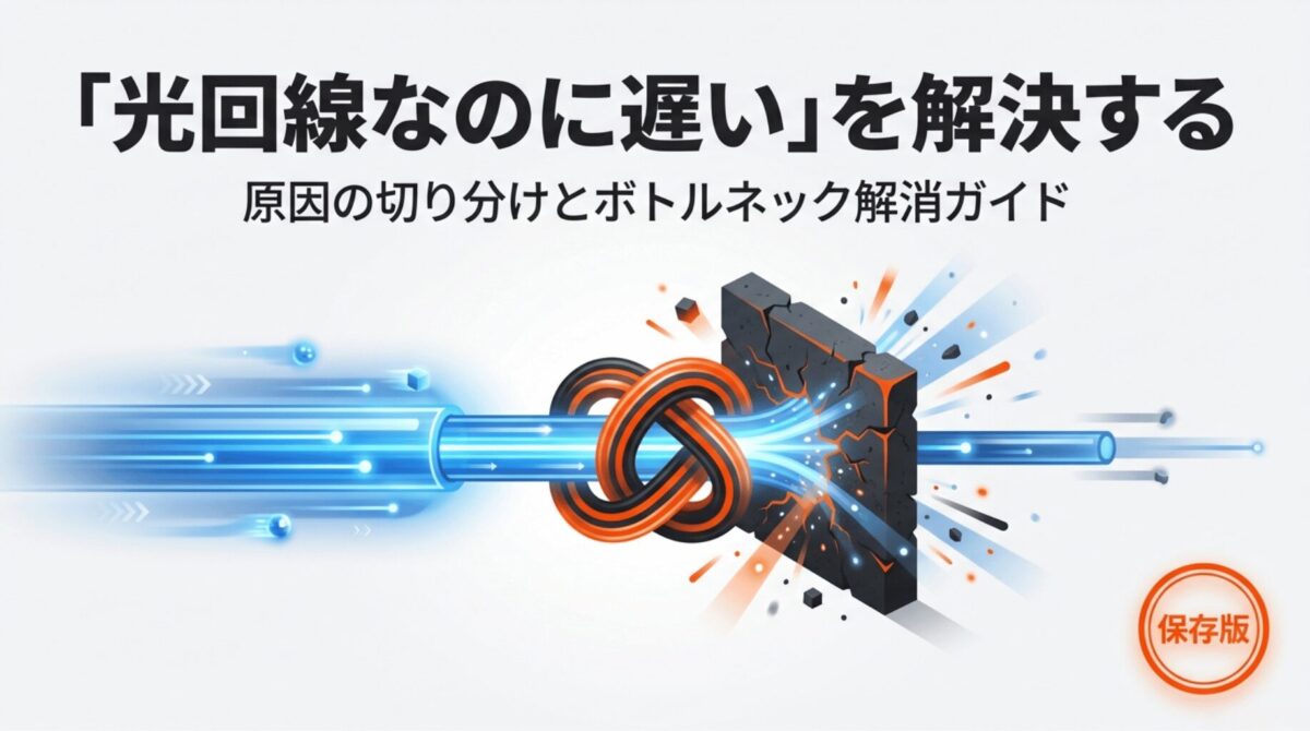 「光回線なのに遅い」を解決するための原因切り分けとボトルネック解消ガイドの表紙。光ファイバーの詰まりを解消するイメージ画像。