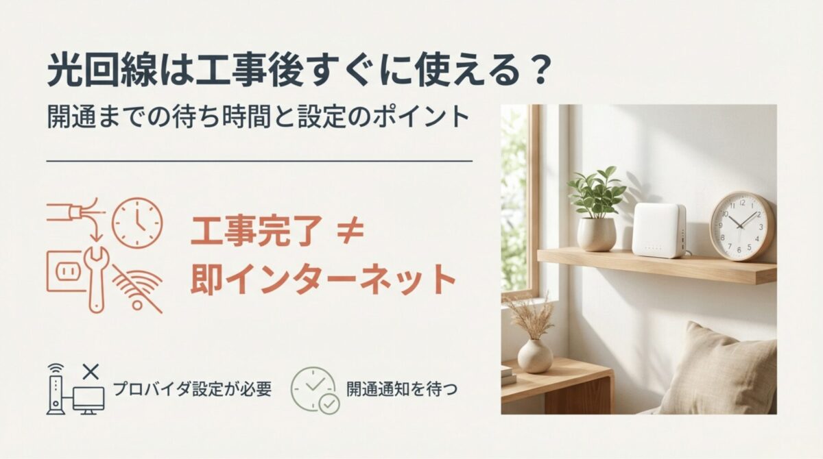 光回線の工事完了からインターネットが実際に使えるようになるまでの流れと、プロバイダ設定の必要性を解説するスライドの表紙。