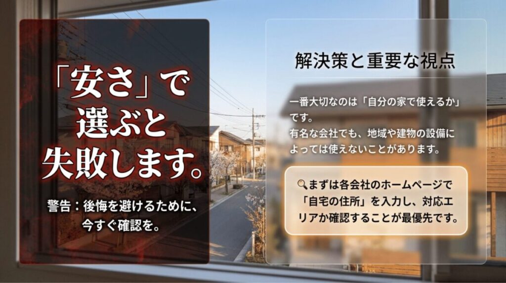 光回線は料金の安さだけで選ばず、自宅住所で提供エリアを確認することが大切だと説明するスライド。