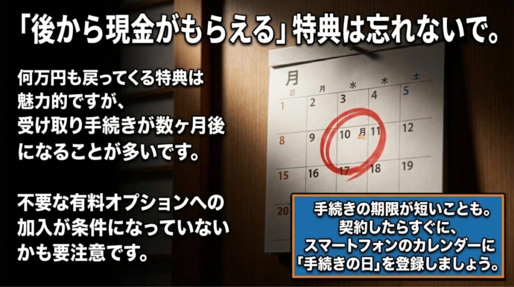 光回線のキャッシュバックは数カ月後の申請が必要なことが多く、期限や有料オプション条件に注意する必要があると説明するスライド。