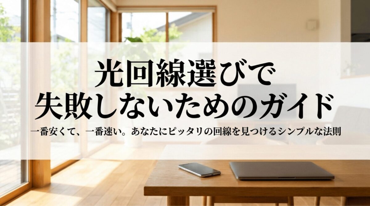 光回線選びで失敗しないためのガイドを示すタイトルスライド。自宅のインターネット回線選びをイメージした室内風景。