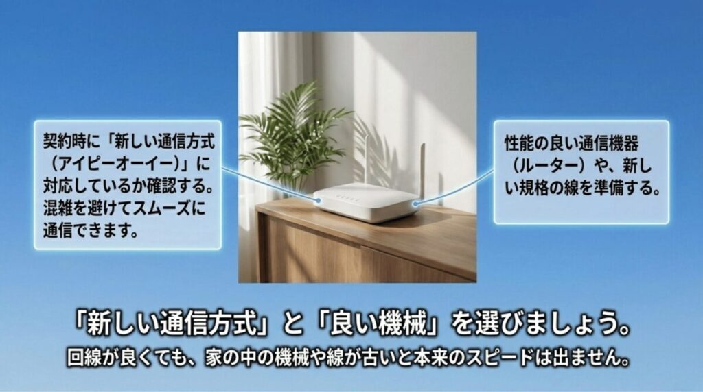 IPv6 IPoEなどの新しい通信方式や高性能ルーター、LANケーブルの規格が光回線の体感速度に影響することを説明するスライド。