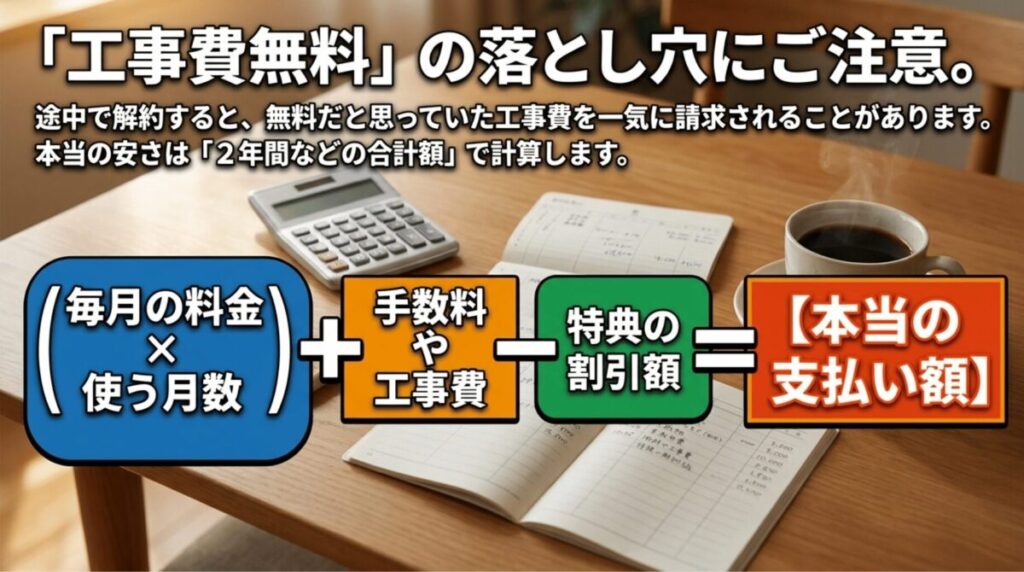 工事費無料でも途中解約で残債が請求される場合があり、月額料金、手数料、工事費、特典を含めて実質料金を計算する必要があることを示すスライド。