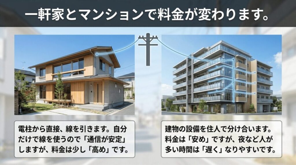 戸建ては直接光ファイバーを引き込み、マンションは共用設備を使うため料金や速度の特徴が異なることを比較したスライド。
