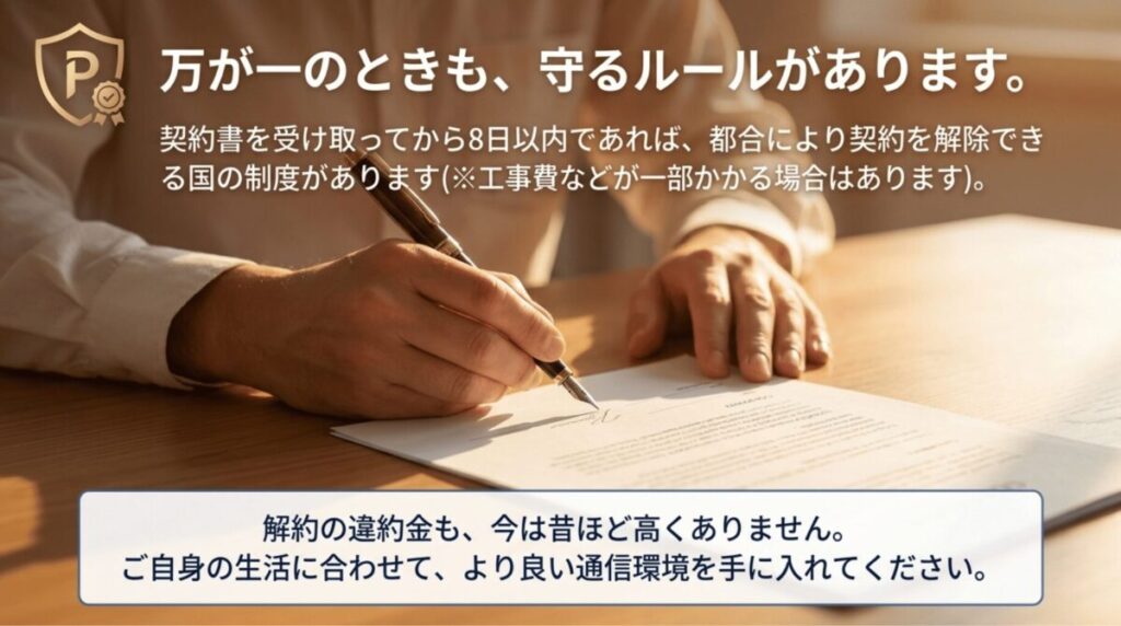 契約書面を受け取ってから8日以内であれば初期契約解除制度を利用できる場合があり、解約違約金も以前より高額になりにくいことを説明するスライド。